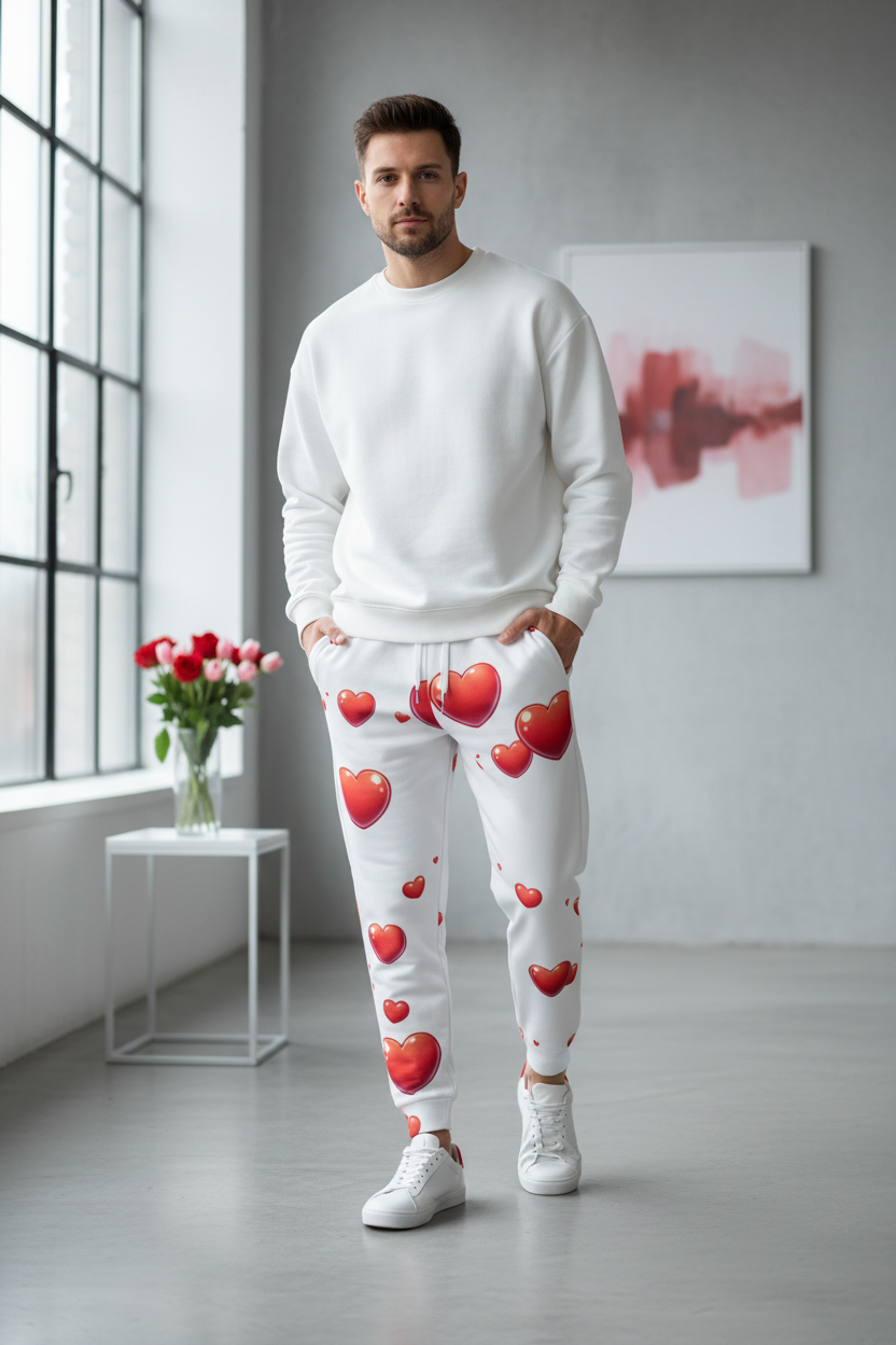 Red Hearts White Joggers