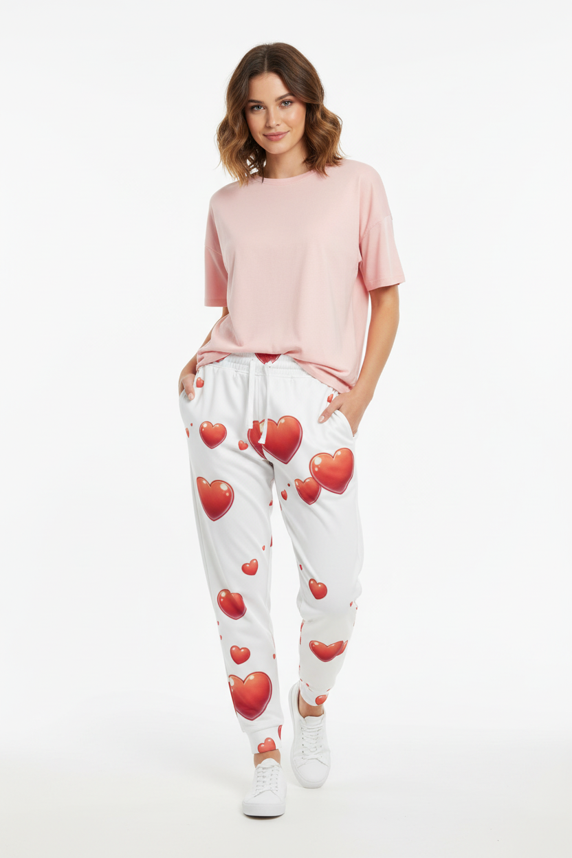 Red Hearts White Joggers